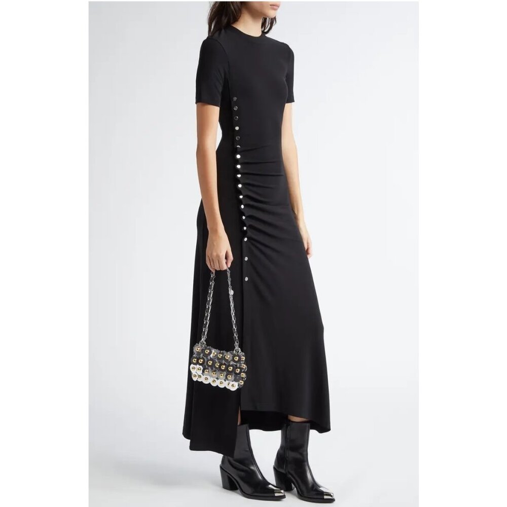 Paco Rabanne Gathered Jersey Maxi Dress / Size 42 / US 10 / Black Embellished